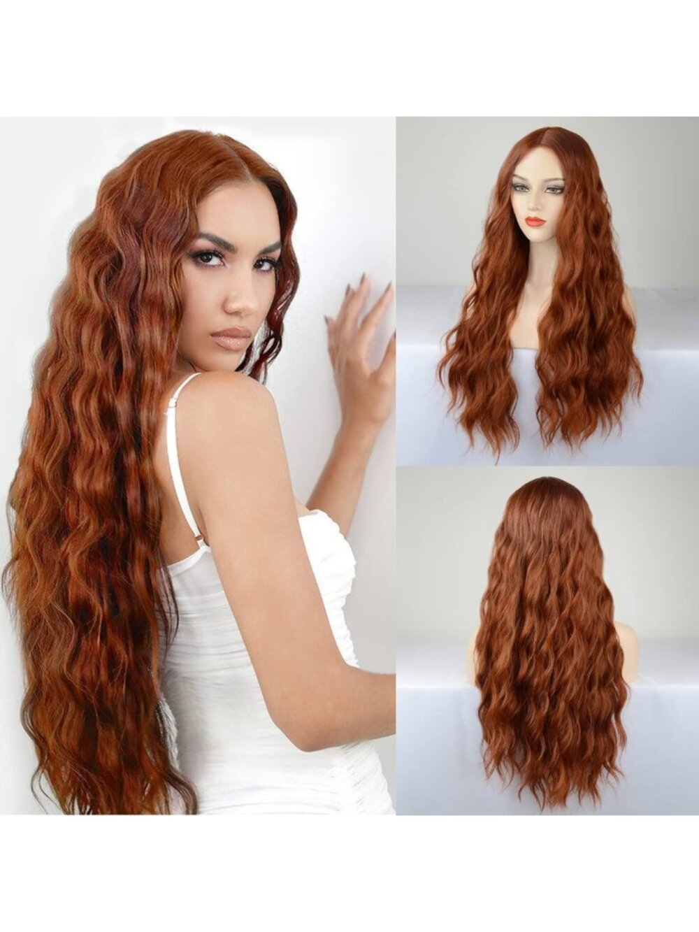 Long Wavy Auburn Copper Red Synthetic Wig - 28 Inch Water Wave Style for Women